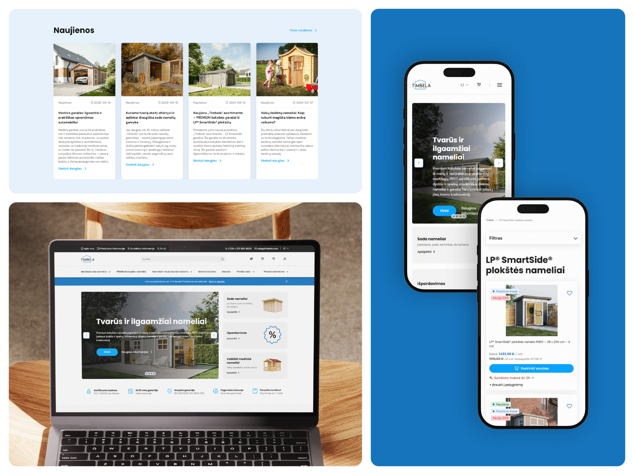 El. parduotuvių kūrimas. Timbela internetinės svetainės vaizdas kompiuterio ir telefono ekranuose