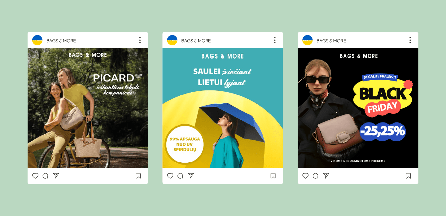 Bags & More socialinių tinklų įrašų pavyzdžiai