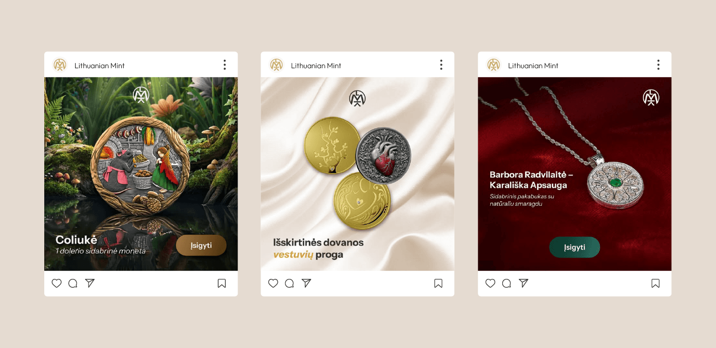 Lietuvos monetų kalyklos socialiniams tinklams sukurtų vizualų pavyzdžiai