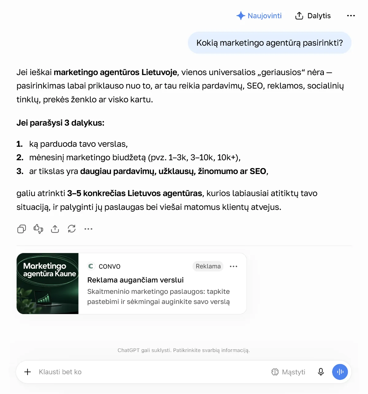 ChatGPT pokalbis „Kokią marketingo agentūrą pasirinkti?“: po atsakymu rodoma CONVO reklamos kortelė su žyma „Reklama“