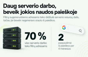Serverių bokštas ir „Google“ paieškos juosta, iliustruojantys didelę serverio apkrovą dėl filtrų sugeneruotų URL ir mažą organinės paieškos srautą.